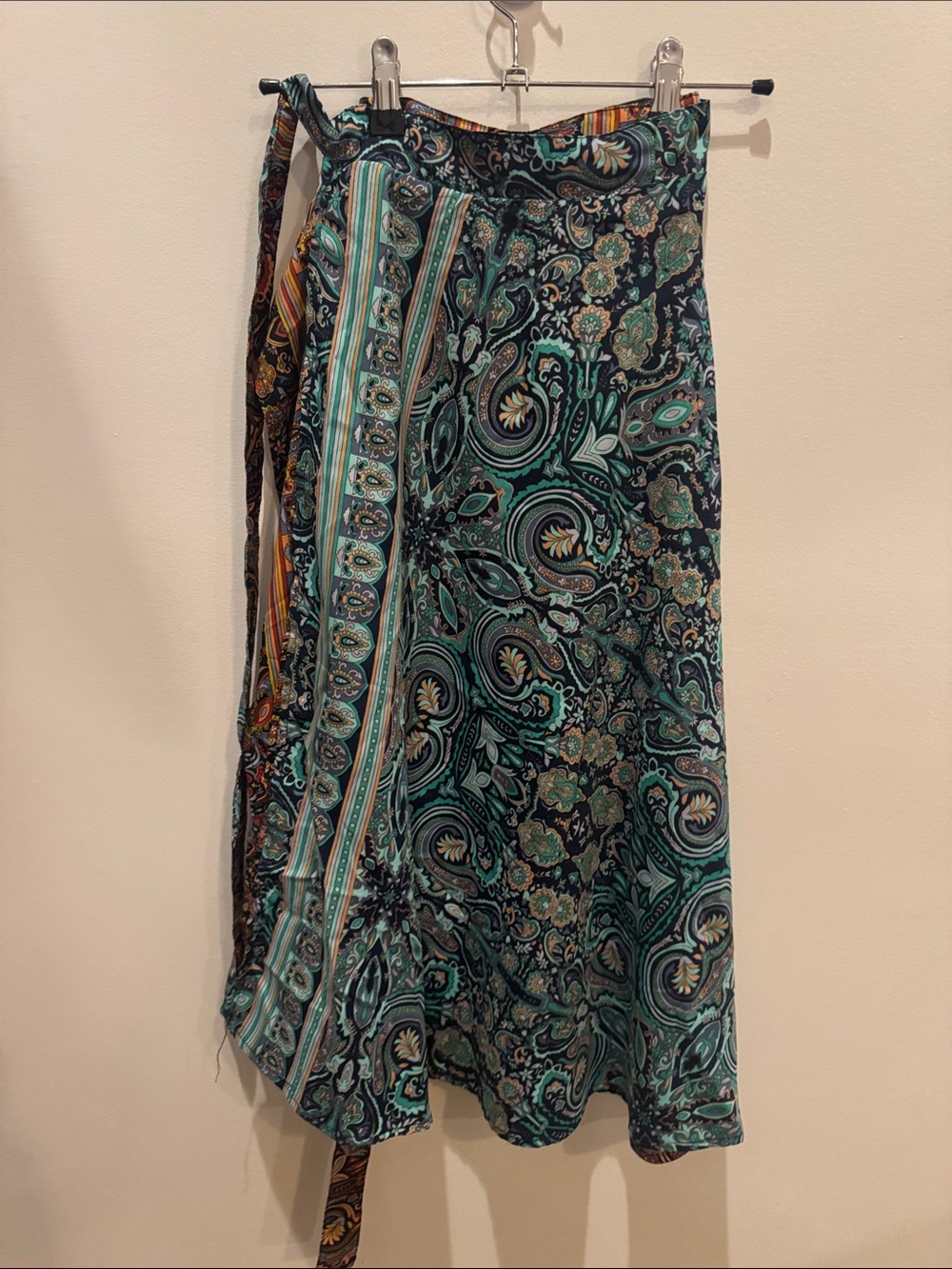 Paisley reversible Wrap Skirt in Teal & navy/black and brown